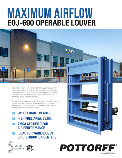 90 degree operable blade louver has high free area of 68.5% for maximum airflow